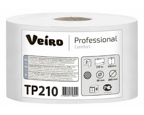 Туалетная бумага (центр.выт), белая, 215 м, 2 слоя, 6 рул. в уп., Veiro, арт. ТР210