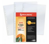 Папки-файлы перфорированные А4, BRAUBERG, комплект 100 шт, матовые, 30 мкм, арт. 221991