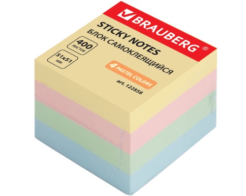 Блок самоклеящийся (стикеры) BRAUBERG, пастельный 51х51 мм, 400 листов, 4 цвета, арт. 122858/6/24