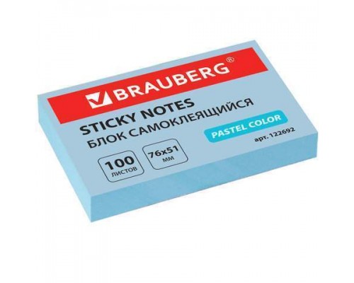 Блок самоклеящийся (стикеры) BRAUBERG пастельный 76х51 мм, 100 листов, голубой, арт. 122692/12/24